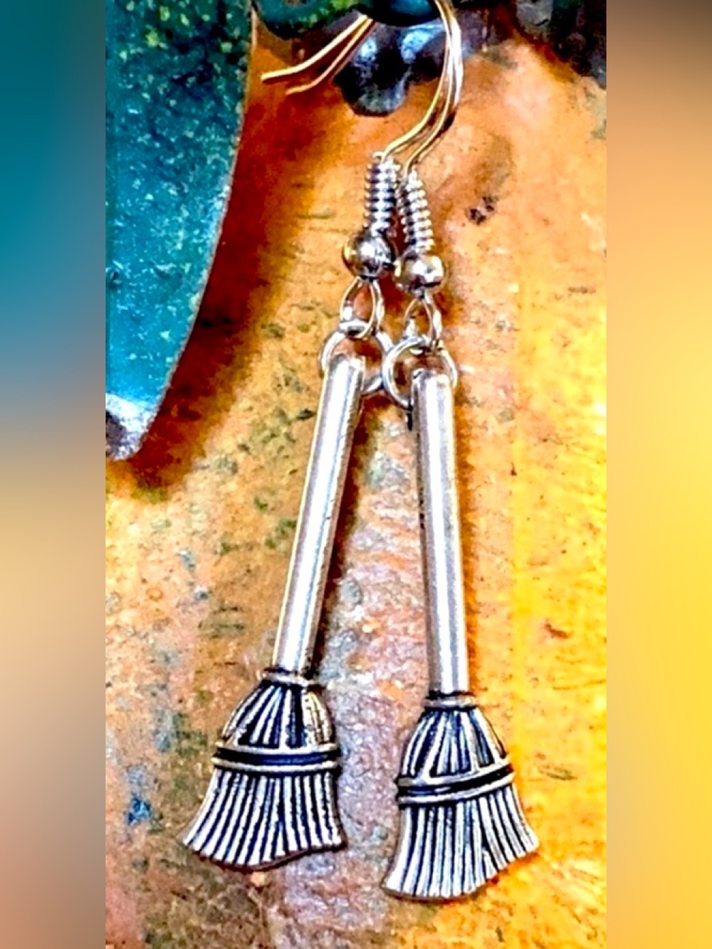 Halloween Witch Witch's Broom Broomstick Silver Tone Charm Dangle Earrings NWT